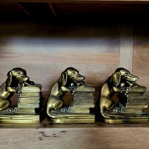 Antique Jenning Bros Gold Metal Daachshund Biting Books Bookends - 3 Available